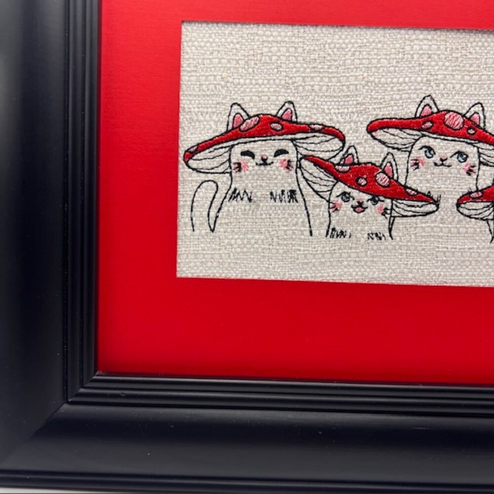 Homemade Black & Red Mushroom Cat Framed Embroidery Art - Picture 2 of 7